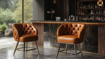 Stylish home bar with wooden accents and blue walls, featuring two leather stools and a selection of spirits photo