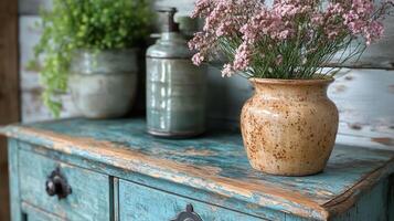 Vintage dresser adorned with plants in a cozy interior setting showcasing rustic charm and sophistication photo