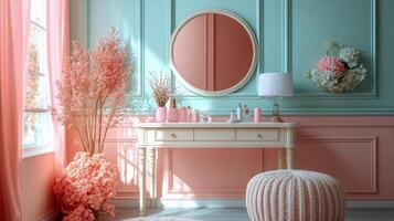 Elegant vanity table with floral decor and round mirror in softly lit room photo