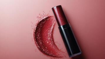 Vibrant lipstick displayed against a soft pink background showcasing beauty and elegance during daytime photo
