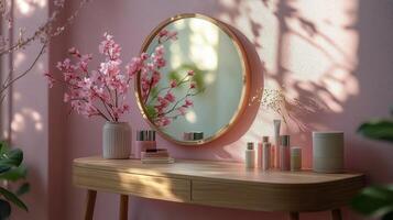 Elegant vanity table with floral decor and round mirror in softly lit room photo