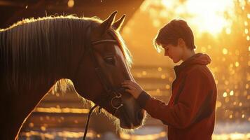 Striking portrait of a man and a horse in an old stable at dusk photo