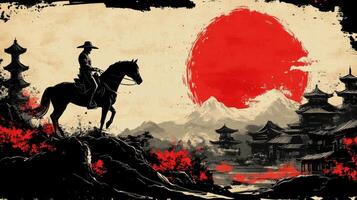 Rider and horse in silhouette against sunset with dramatic lighting and dust particles in the air photo