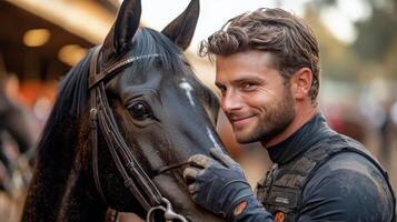Striking portrait of a man and a horse in an old stable at dusk photo