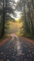 Autumn leaves cover a peaceful road through a forest at sunset in a tranquil setting photo