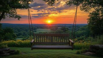 Swing hangs under a tree at sunset in a serene countryside setting photo