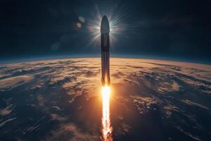 Rocket launching into the atmosphere with sunlight illuminating the horizon and clouds below photo