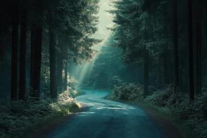 Scenic road through a canopy of trees in a serene countryside setting during daytime photo