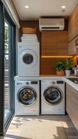 Modern laundry room featuring sleek appliances and organized towels in a stylish setting photo