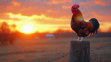 Colorful rooster perched on a fence post during a vibrant sunrise in a rural setting photo