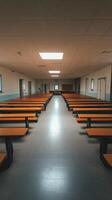 Empty classroom with wooden tables and natural light in a spacious layout photo