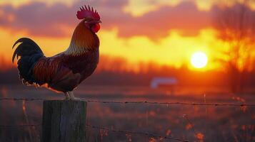 Colorful rooster perched on a fence post during a vibrant sunrise in a rural setting photo