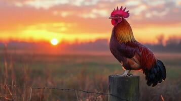 Colorful rooster perched on a fence post during a vibrant sunrise in a rural setting photo