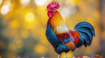Colorful rooster stands proudly in front of a rustic barn painted yellow and red during autumn foliage photo