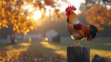 Colorful rooster perched on a fence post during a vibrant sunrise in a rural setting photo