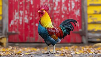 Colorful rooster stands proudly in front of a rustic barn painted yellow and red during autumn foliage photo