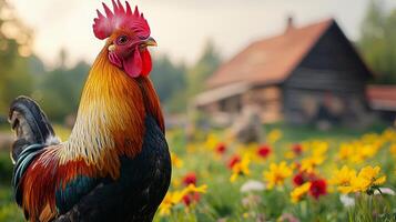 Colorful rooster stands proudly in front of a rustic barn painted yellow and red during autumn foliage photo