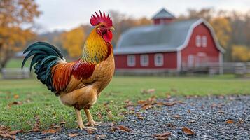 Colorful rooster stands proudly in front of a rustic barn painted yellow and red during autumn foliage photo