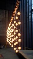 Decorative string lights illuminate a garden during a relaxing evening gathering in late summer photo