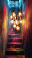Decorative string lights illuminate a garden during a relaxing evening gathering in late summer photo