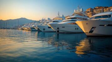 Luxury yachts moored in a pristine marina under a clear blue sky in the afternoon photo