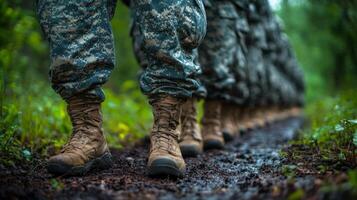Soldiers marching through a muddy trail in a dense forest during a training exercise photo