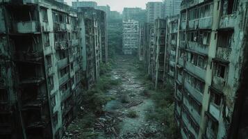 Urban decay in abandoned city buildings surrounded by overgrown vegetation photo
