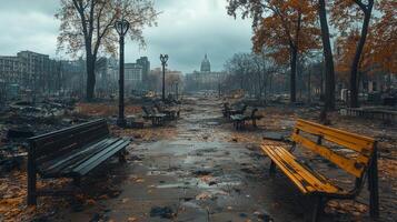 Ruins of a once vibrant city park covered in autumn leaves and gray skies photo