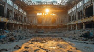 Abandoned stadium with overgrown surroundings and a stagnant pool of water in the center photo