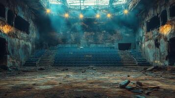 Abandoned stadium with overgrown surroundings and a stagnant pool of water in the center photo