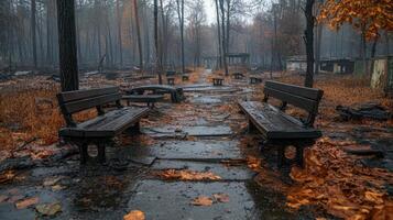 Ruins of a once vibrant city park covered in autumn leaves and gray skies photo