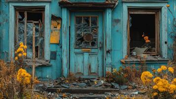 Abandoned blue house with overgrown garden and pumpkins during autumn photo