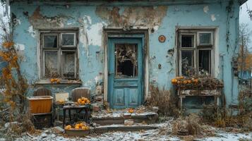 Abandoned blue house with overgrown garden and pumpkins during autumn photo
