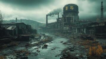 Forgotten industrial site with decaying buildings and smoke in overcast weather photo