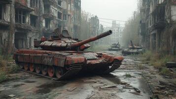 Abandoned tank in a desolate urban landscape with a historic church under gray skies photo
