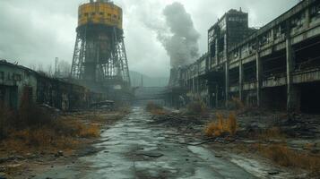 Forgotten industrial site with decaying buildings and smoke in overcast weather photo