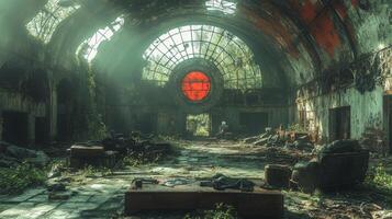 Abandoned tank in a desolate urban landscape with a historic church under gray skies photo