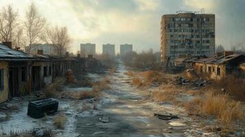 Abandoned tank in a desolate urban landscape with a historic church under gray skies photo