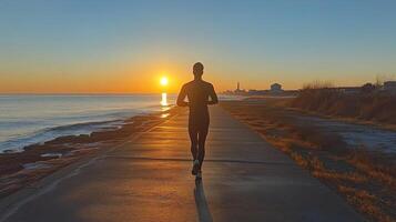 Running along the waterfront at sunrise with colorful clouds and calm sea photo
