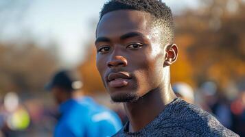 Young athlete focused on competition during outdoor event in autumn afternoon photo