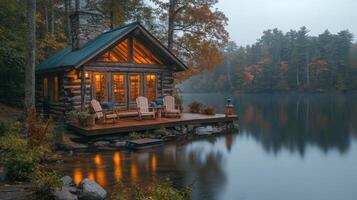 Cozy log cabin by the serene lake surrounded by autumn foliage at dusk photo