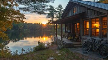 Cozy log cabin by the serene lake surrounded by autumn foliage at dusk photo