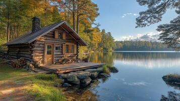 Cozy log cabin by the serene lake surrounded by autumn foliage at dusk photo
