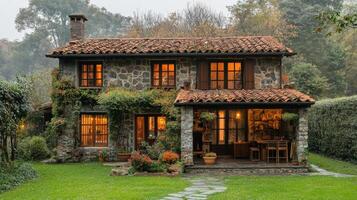 Cozy log cabin with red roof in a lush forested area during autumn photo