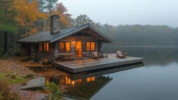 Cozy log cabin by the serene lake surrounded by autumn foliage at dusk photo