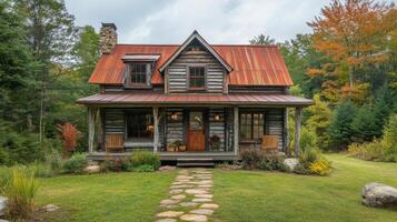 Cozy log cabin with red roof in a lush forested area during autumn photo