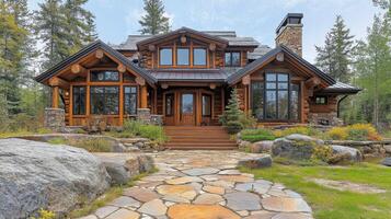 Cozy log cabin with red roof in a lush forested area during autumn photo