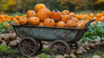 Freshly harvested potatoes and carrots displayed in a rustic wooden cart at a farm photo