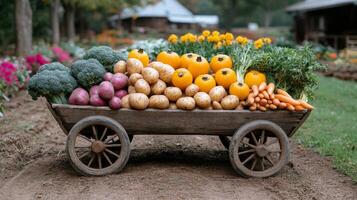 Freshly harvested potatoes and carrots displayed in a rustic wooden cart at a farm photo