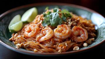 Enjoying delicious shrimp pad thai by the riverside during sunset in a vibrant restaurant atmosphere photo